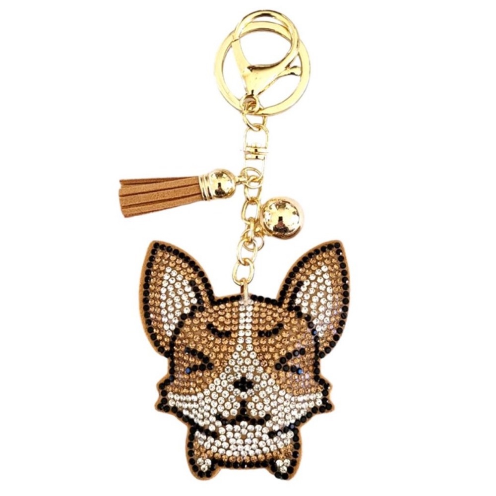 NWT rhinestone Corgi keychain purse charm tan vegan suede